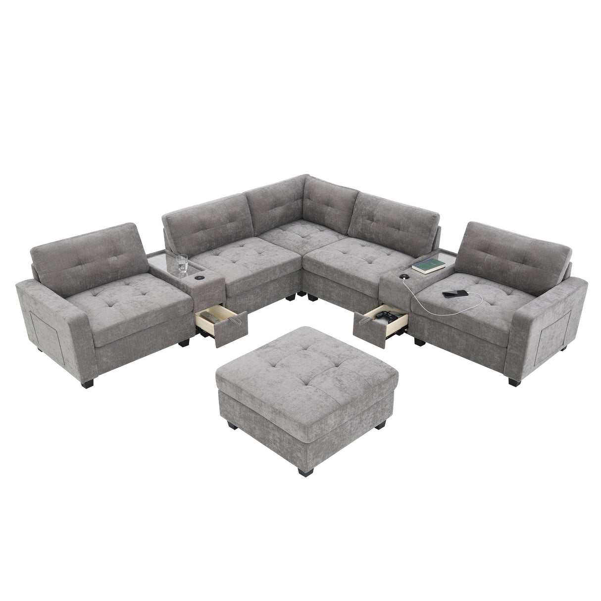 Modern Chenille U-Shaped Sectional Sofa with Acrylic Table Top, USB Charger, Storage Drawers, and Movable Ottoman in Gray - sold by Home Elegance USA