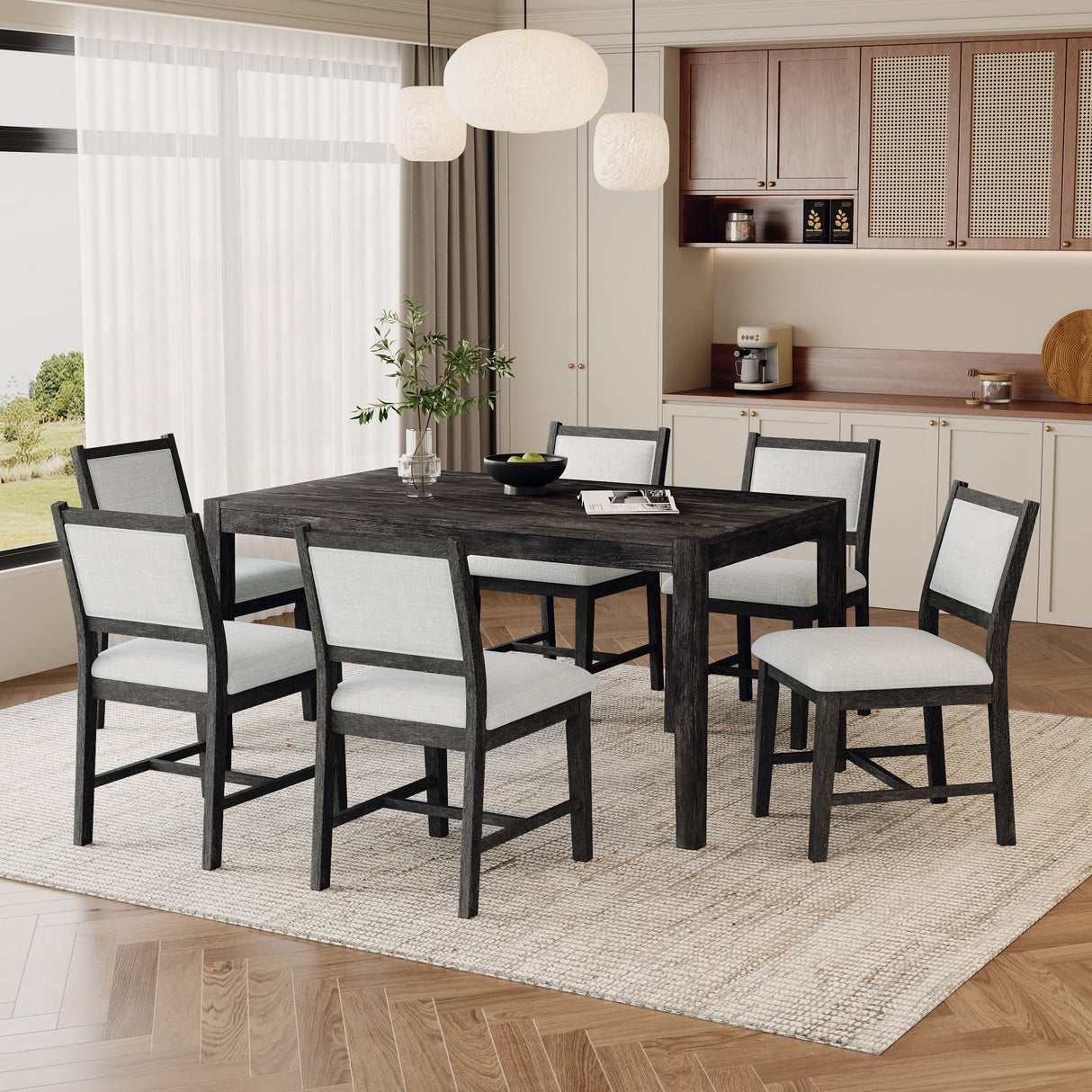 TREXM 7-Piece Retro Dining Table Set for 6, 1 Rectangular Wood Dining Table Set for 6 with Upholstered Chairs for Dining Room and Kitchen (Espresso) - sold by Home Elegance USA