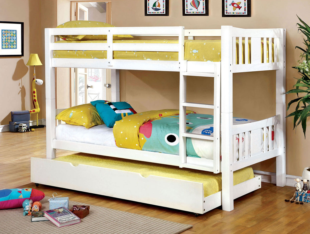 Transitional Style Wooden Bunk Bed Twin Over Twin Attached Footboard Ladder Rails And Lock Joint White Trundle-Included