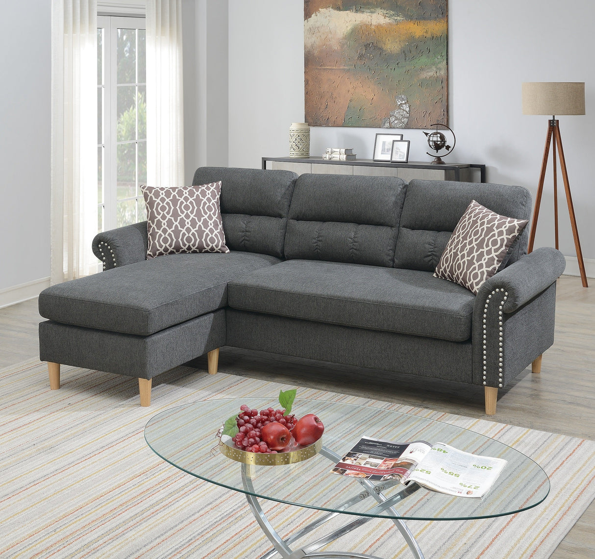 Slate Color Polyfiber Reversible Sectional Sofa Set Chaise Pillows Plush Cushion Couch Nailheads - sold by Home Elegance USA