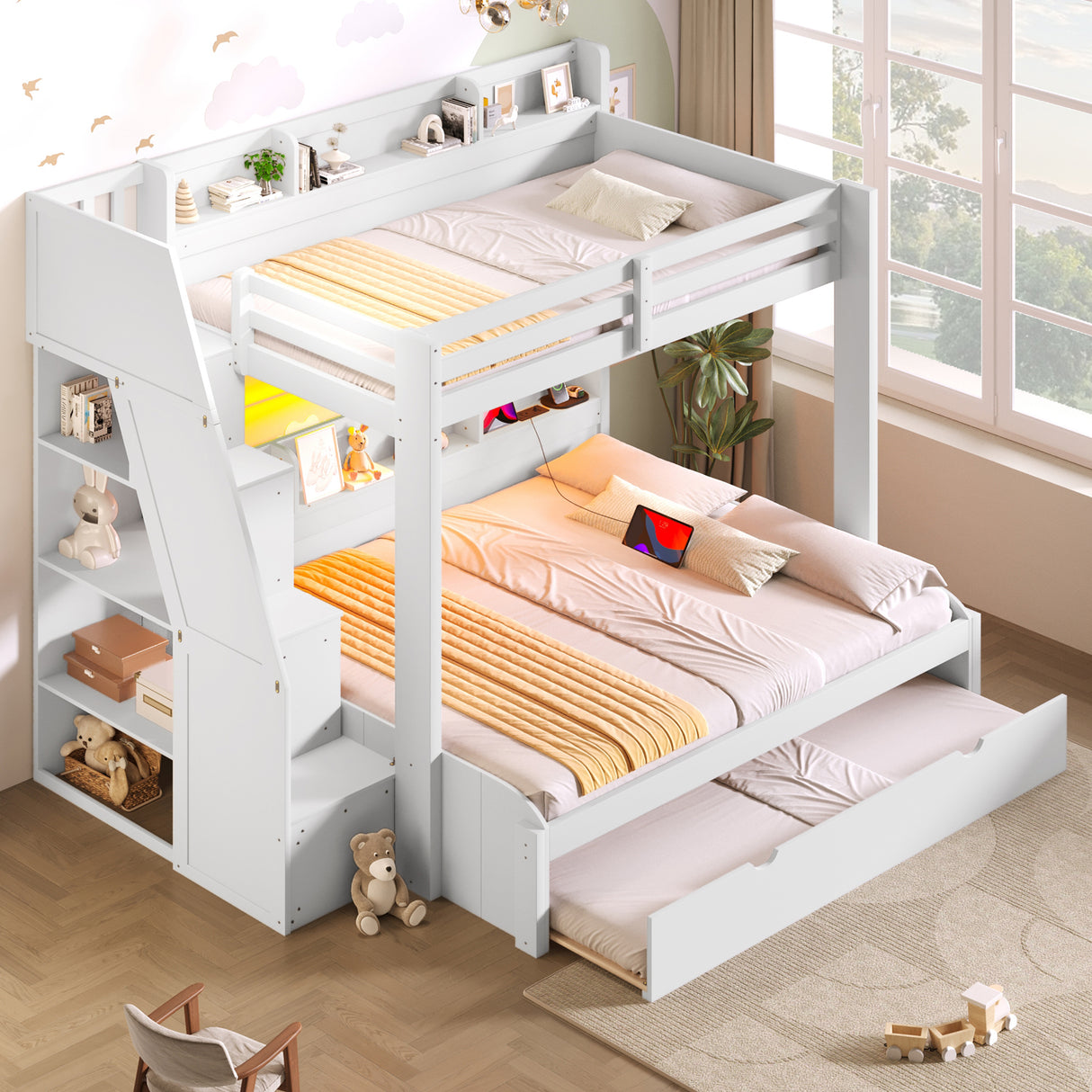 Twin over Full Bunk Bed with Storage Staircase, Trundle, Storage Shelves, LED and USB, White