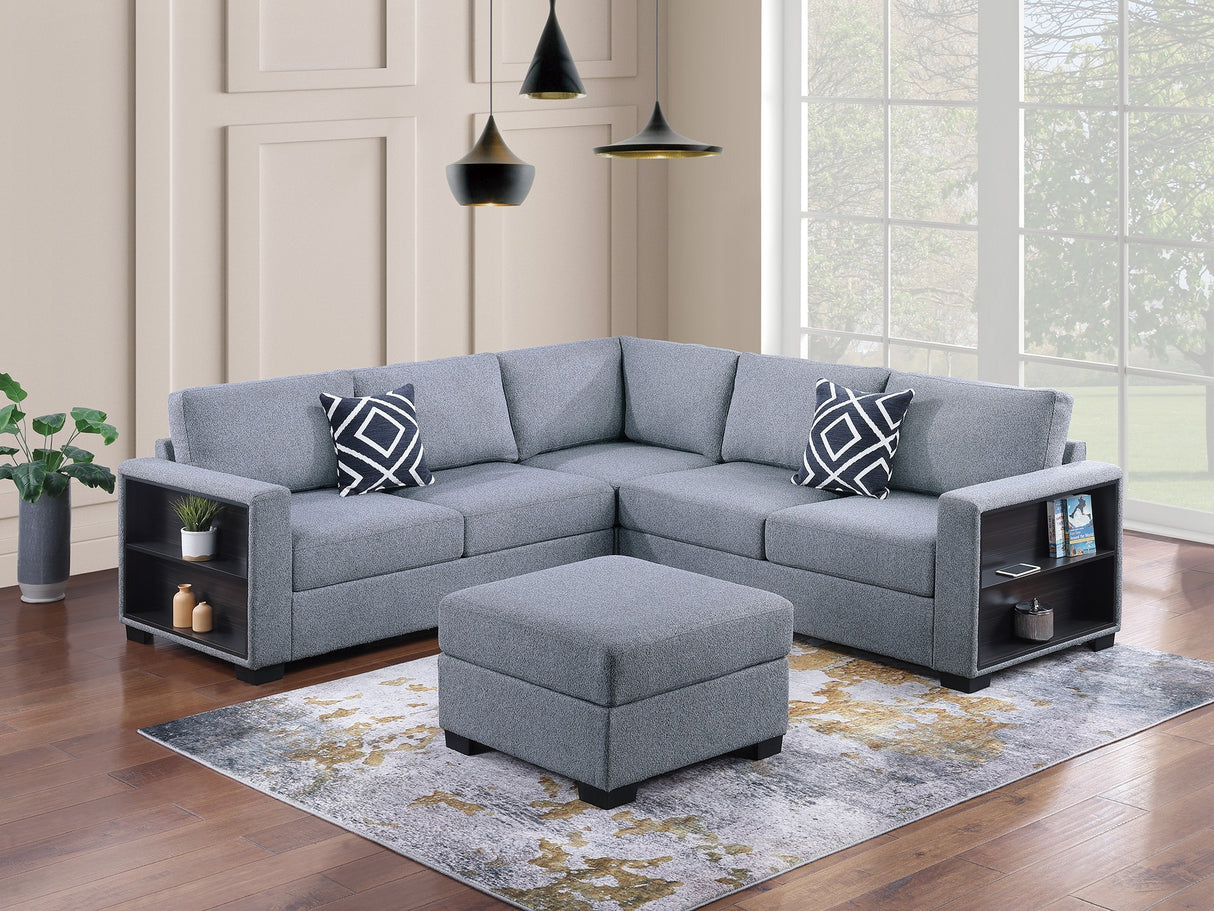 Contemporary Functional Sectional Sofa 4pc Set Gray Boucle Couch Loveseat w Built-in Shelfs Wedge, Ottoman Living Room Furniture L-Shaped Design Couch