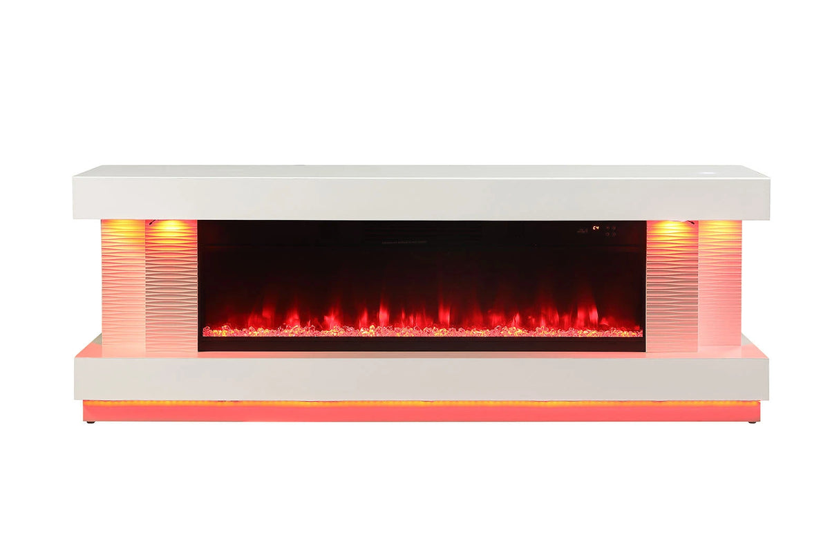 Contemporary Style TV Stand Electric Fire Place w/ Heater Included Fahrenheit & Celsius Display White Finish Primary Living Room - sold by Home Elegance USA
