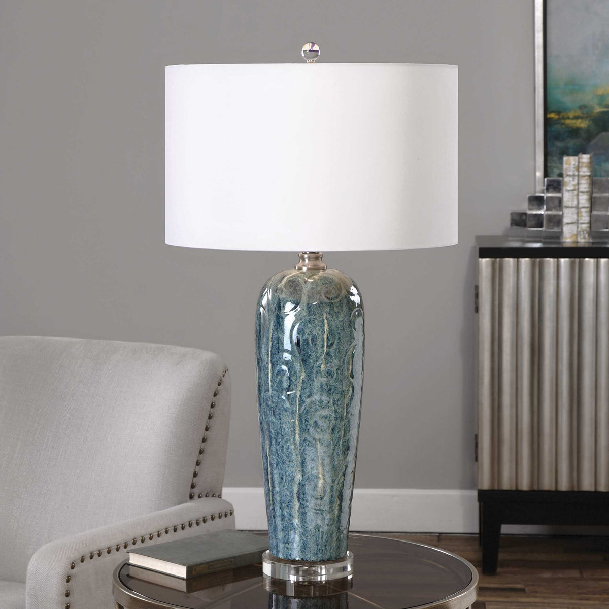 Maira Ceramic Table Lamp - Blue / White by Uttermost - View 2