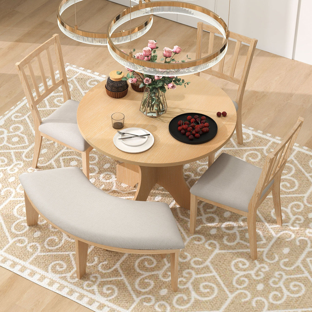 TREXM 5-piece Rustic Charm Round Dining Set with 3 Upholstered Chairs and Curved Bench for Dining Room, Kitchen and Living Room (Natural) - sold by Home Elegance USA