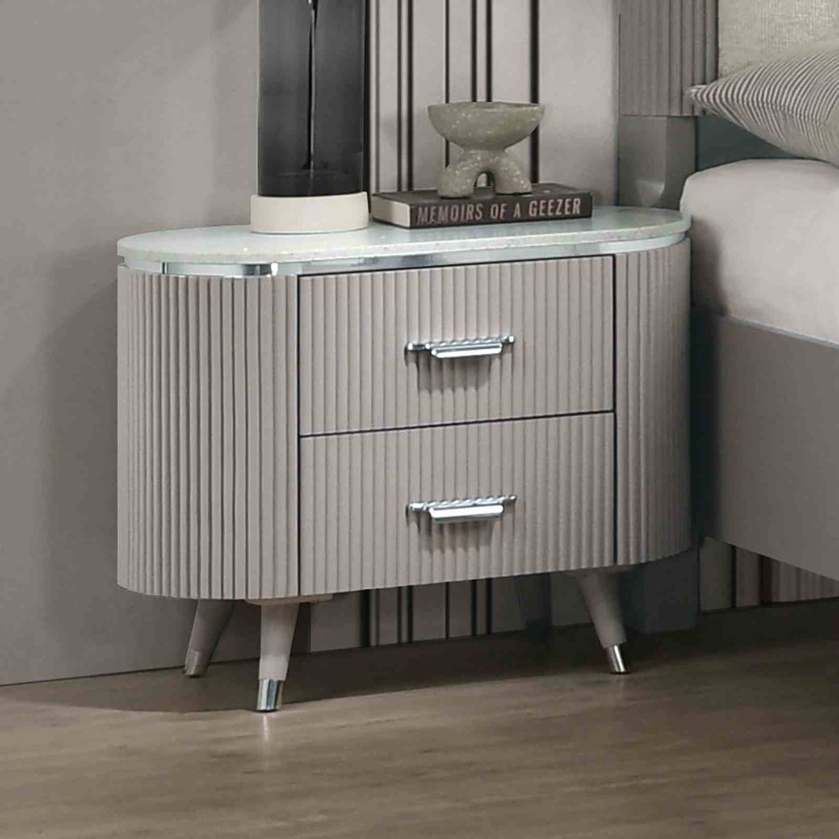 Contemporary Style 1pc Nightstand Stone Top French And English Dovetail Drawers Chrome Pulls Silver line Accent Light Gray Finish Bedroom Furniture
