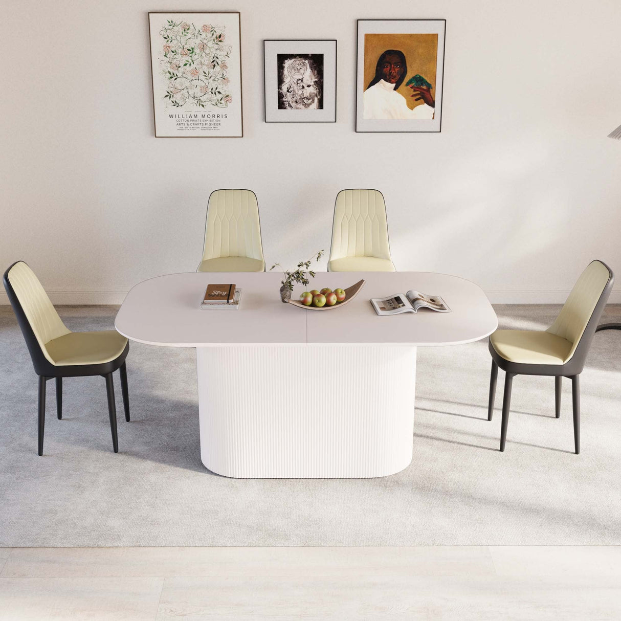 63 'medieval modern cream style MDF dining table and PU dining chair set 4. Assemble Desktop and black metal leg dining chair set, suitable for home&kitchen - sold by Home Elegance USA
