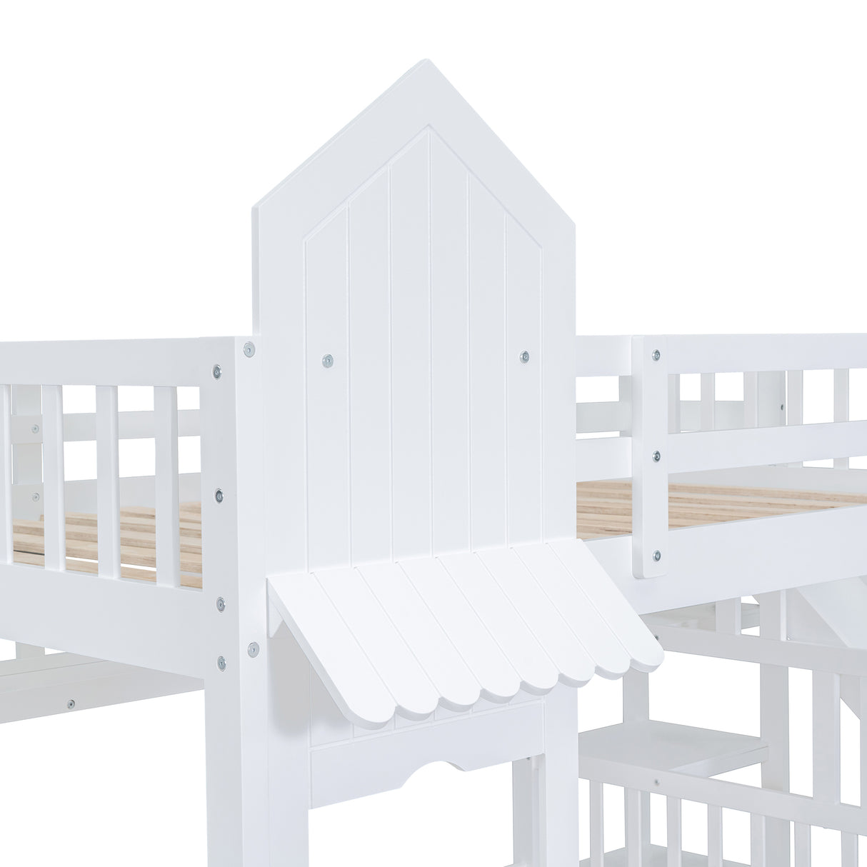 Full-Over-Full Castle Style Bunk Bed with 2 Drawers 3 Shelves and Slide - White(OLD SKU:LT000558AAK-2) - sold by Home Elegance USA