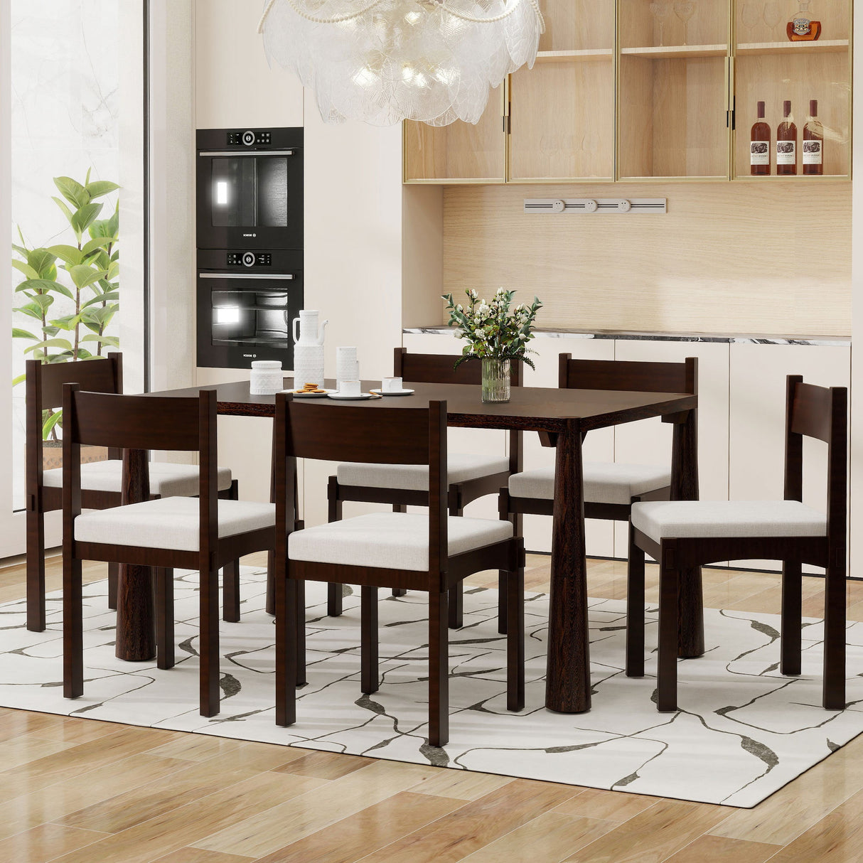 TREXM 7-Piece Retro Dining Table Set for 6, Wood Dining Table Set for 6 with Upholstered Chairs for kitchen & Dining Room (Espresso) - sold by Home Elegance USA