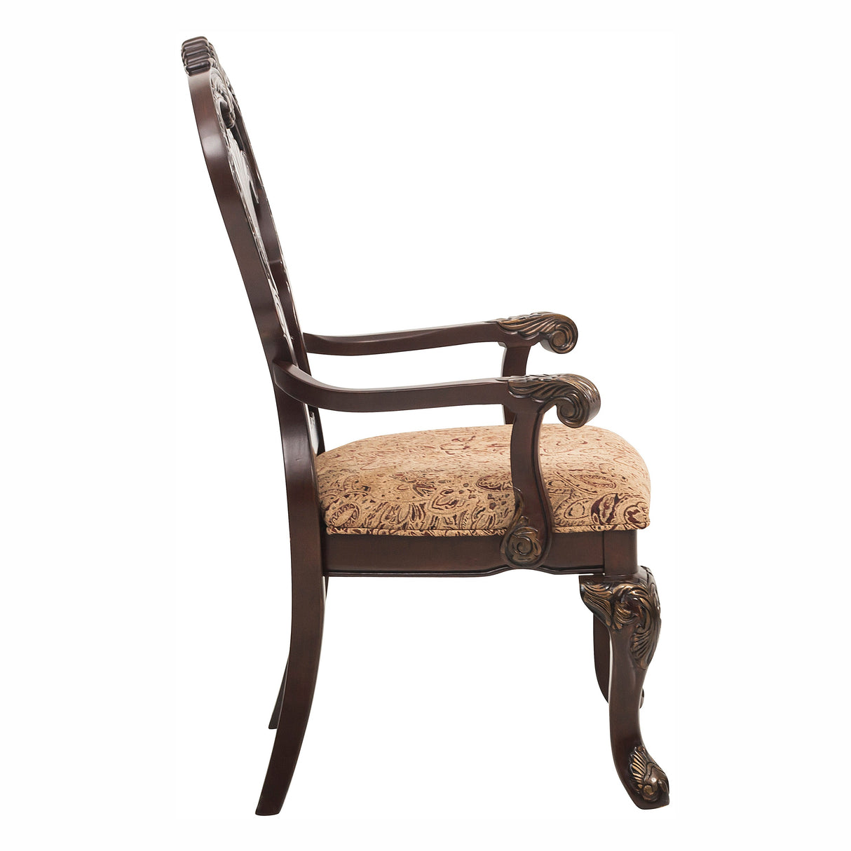 Decorative armchair with intricate woodwork and patterned cushion on a white background