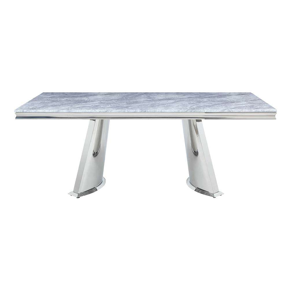 Destry Dining Table W/Engineering Stone Top & Pedestal Base DN01188 Engineering Stone Top & Mirrored Silver Finish | Acme | Home Elegance USA