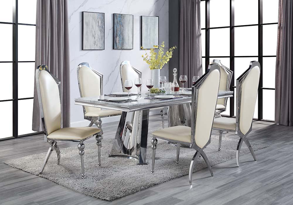 Destry Dining Table W/Engineering Stone Top & Pedestal Base DN01188 Engineering Stone Top & Mirrored Silver Finish | Acme | Home Elegance USA