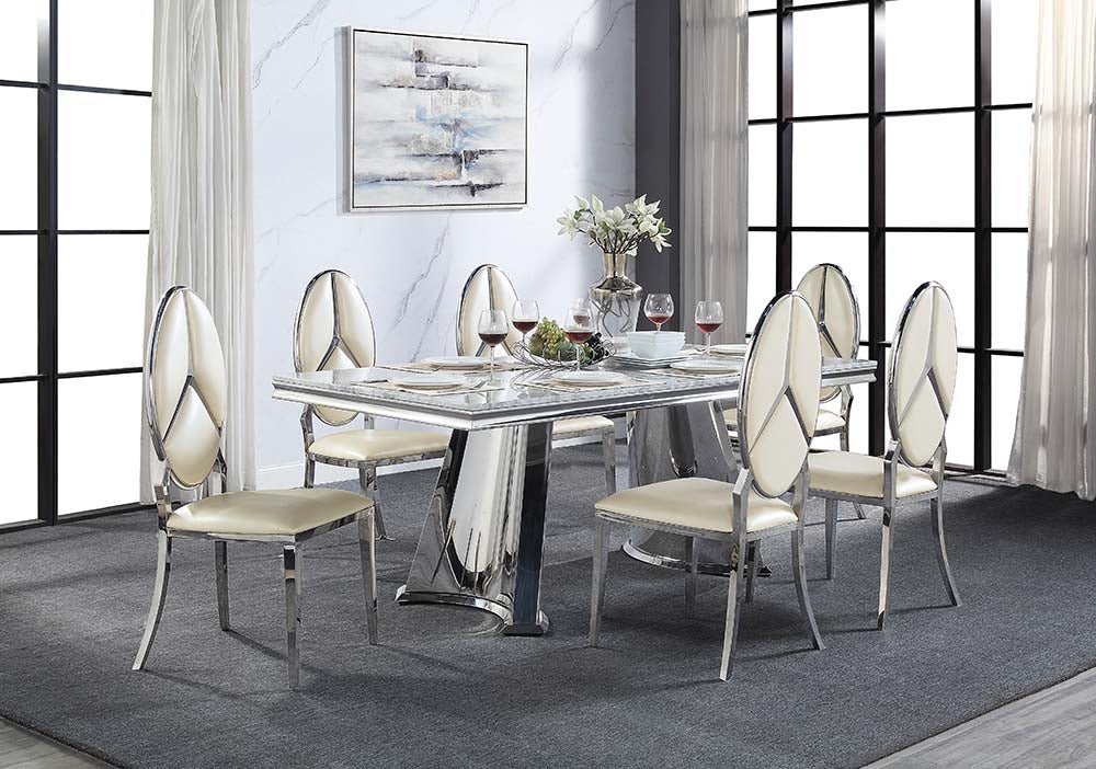 Destry Dining Table W/Engineering Stone Top & Pedestal Base DN01188 Engineering Stone Top & Mirrored Silver Finish | Acme | Home Elegance USA