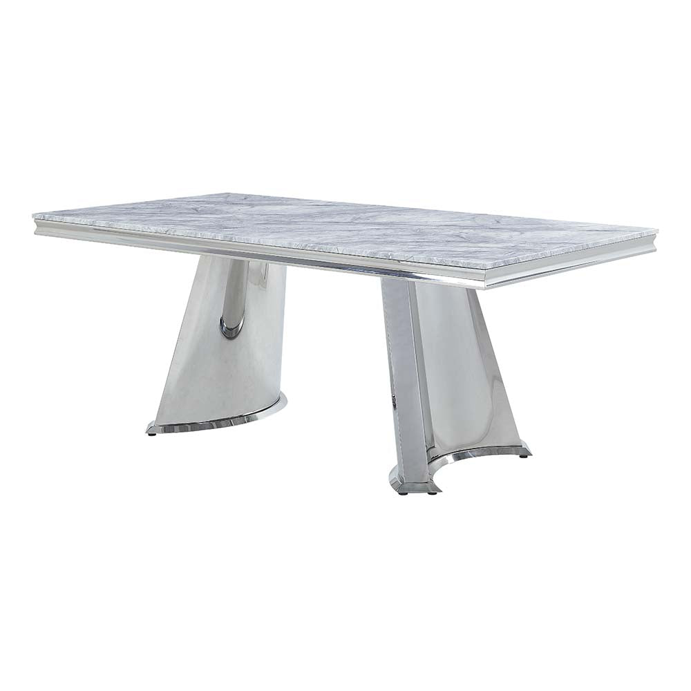 Destry Dining Table W/Engineering Stone Top & Pedestal Base DN01188 Engineering Stone Top & Mirrored Silver Finish | Acme | Home Elegance USA