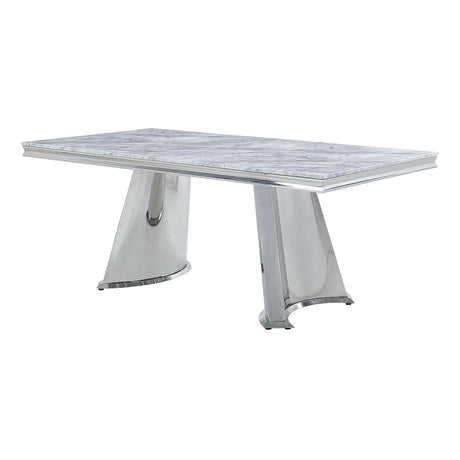 Destry Dining Table W/Engineering Stone Top & Pedestal Base DN01188 Engineering Stone Top & Mirrored Silver Finish | Acme | Home Elegance USA