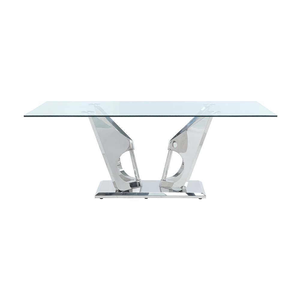 Azriel Dining Table W/Pedestal Base DN01191 Clear Glass & Mirrored Silver Finish | Acme | Home Elegance USA