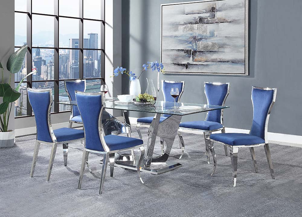 Azriel Dining Table W/Pedestal Base DN01191 Clear Glass & Mirrored Silver Finish | Acme | Home Elegance USA