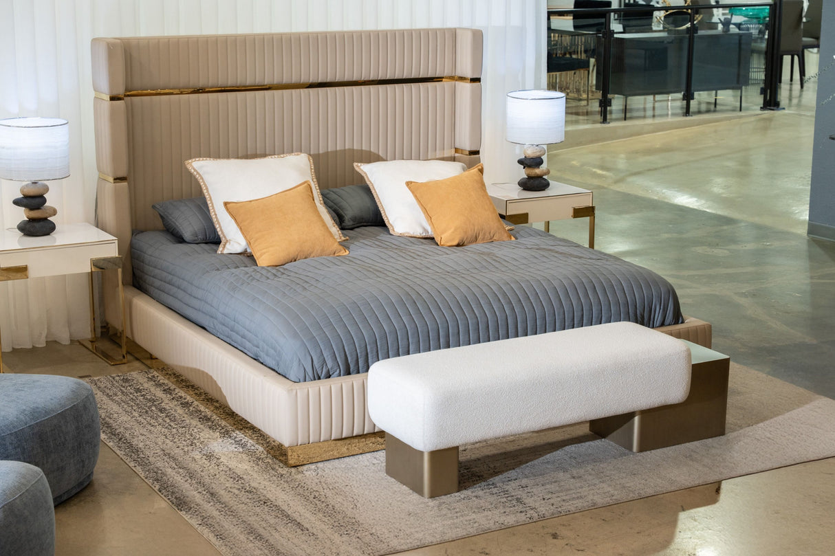 Queen Sterling Modern Beige Bonded Leather & Gold Bed