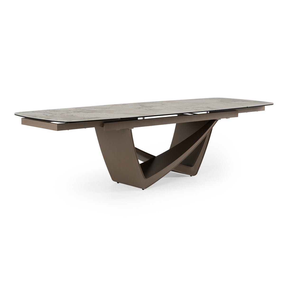 Dunster - Contemporary Beige Ceramic + Metallic Grey Extendable Dining Table - View Image 1