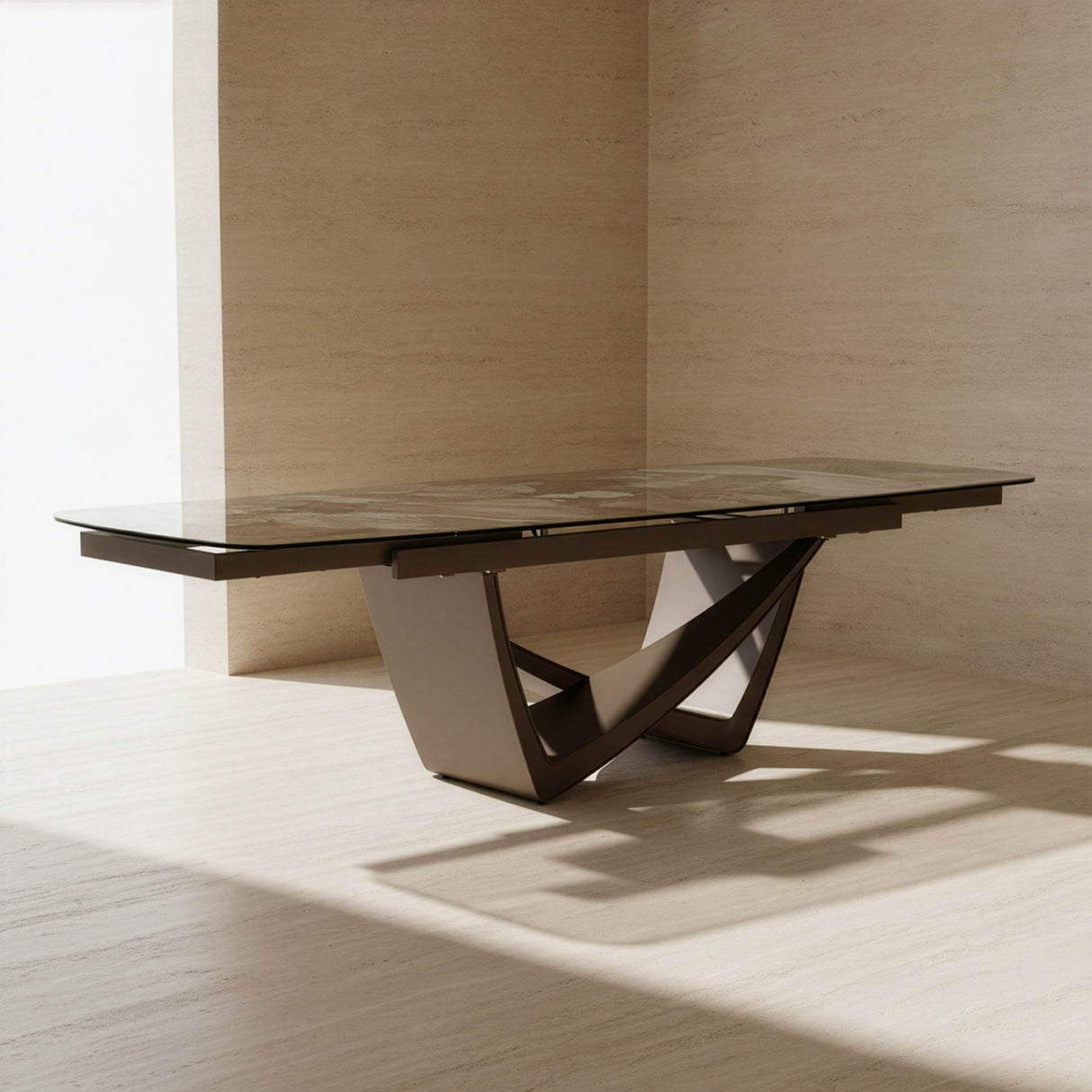 Dunster - Contemporary Beige Ceramic + Metallic Grey Extendable Dining Table - View Image 1