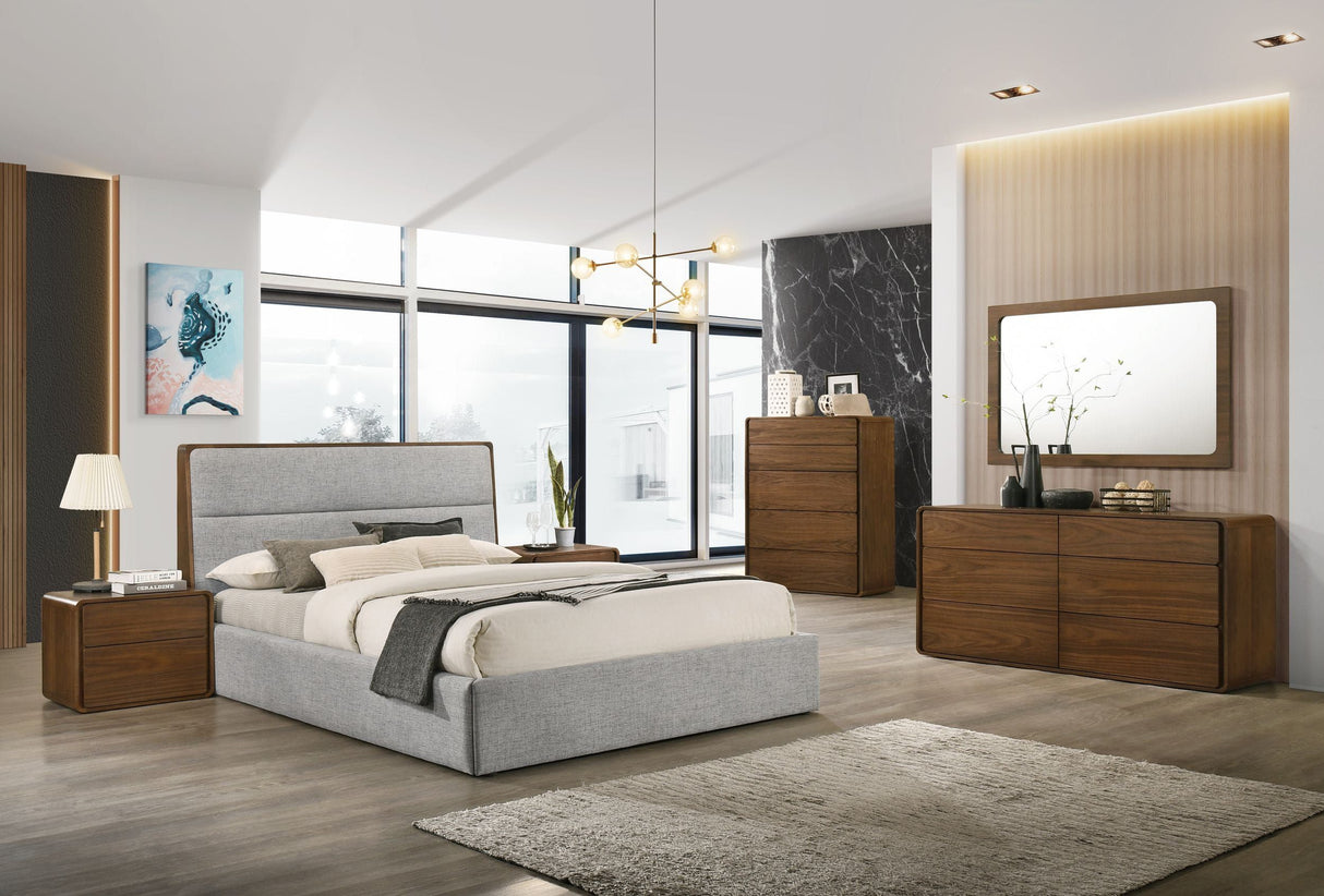 Dustin - Modern Grey Fabric & Walnut Trimmed Q Bedroom Set