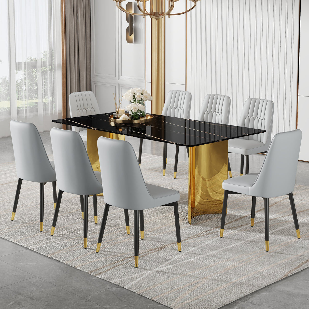 Table and chair set.The table has a glass top with imitation marble pattern stickers and stainless steel golden legs.Paried with 8 Light Gray chairs with PU cushions and black legs.W1151S01546 - sold by Home Elegance USA