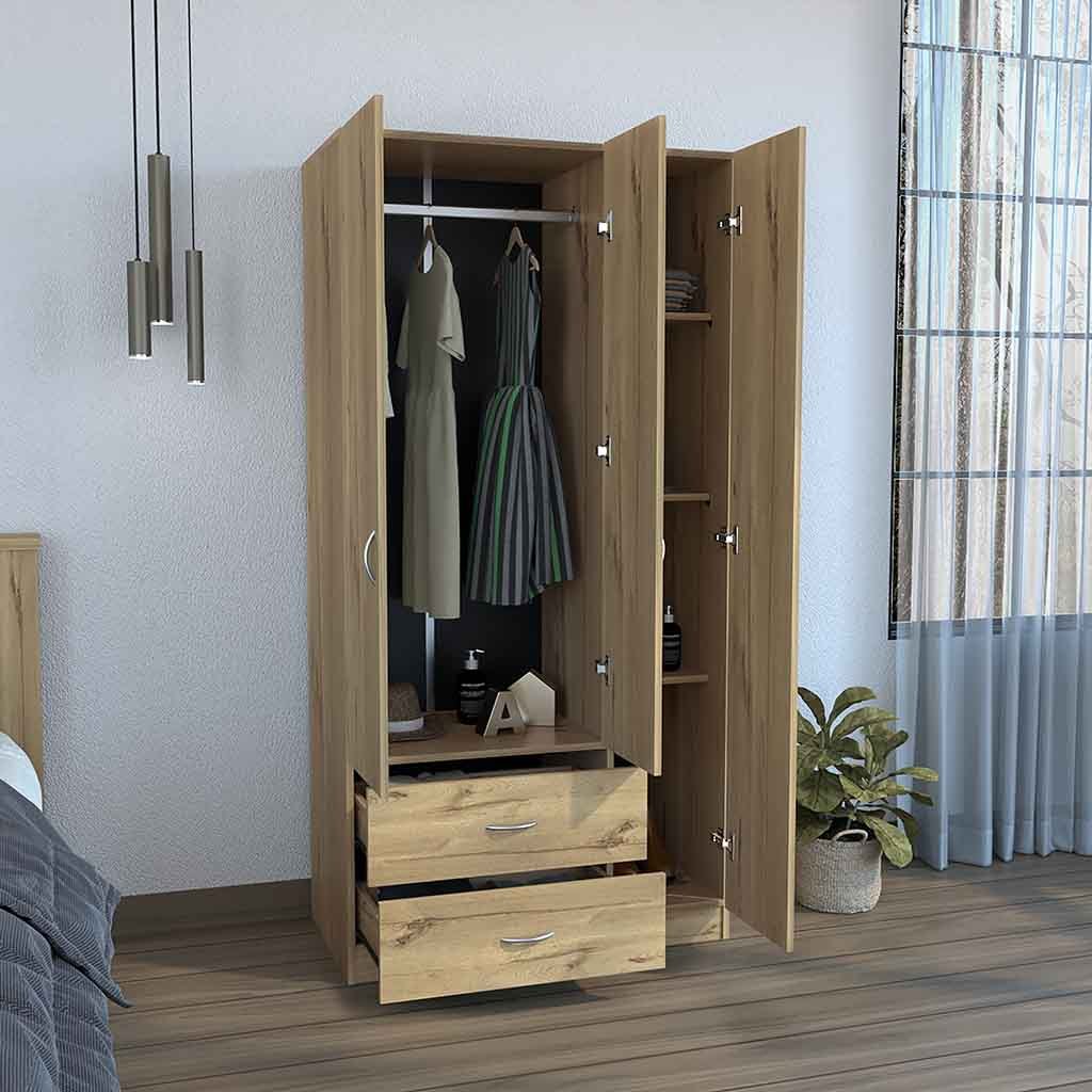 Three Door Armoire Clark, Bedroom, Light Oak / Black - sold by Home Elegance USA
