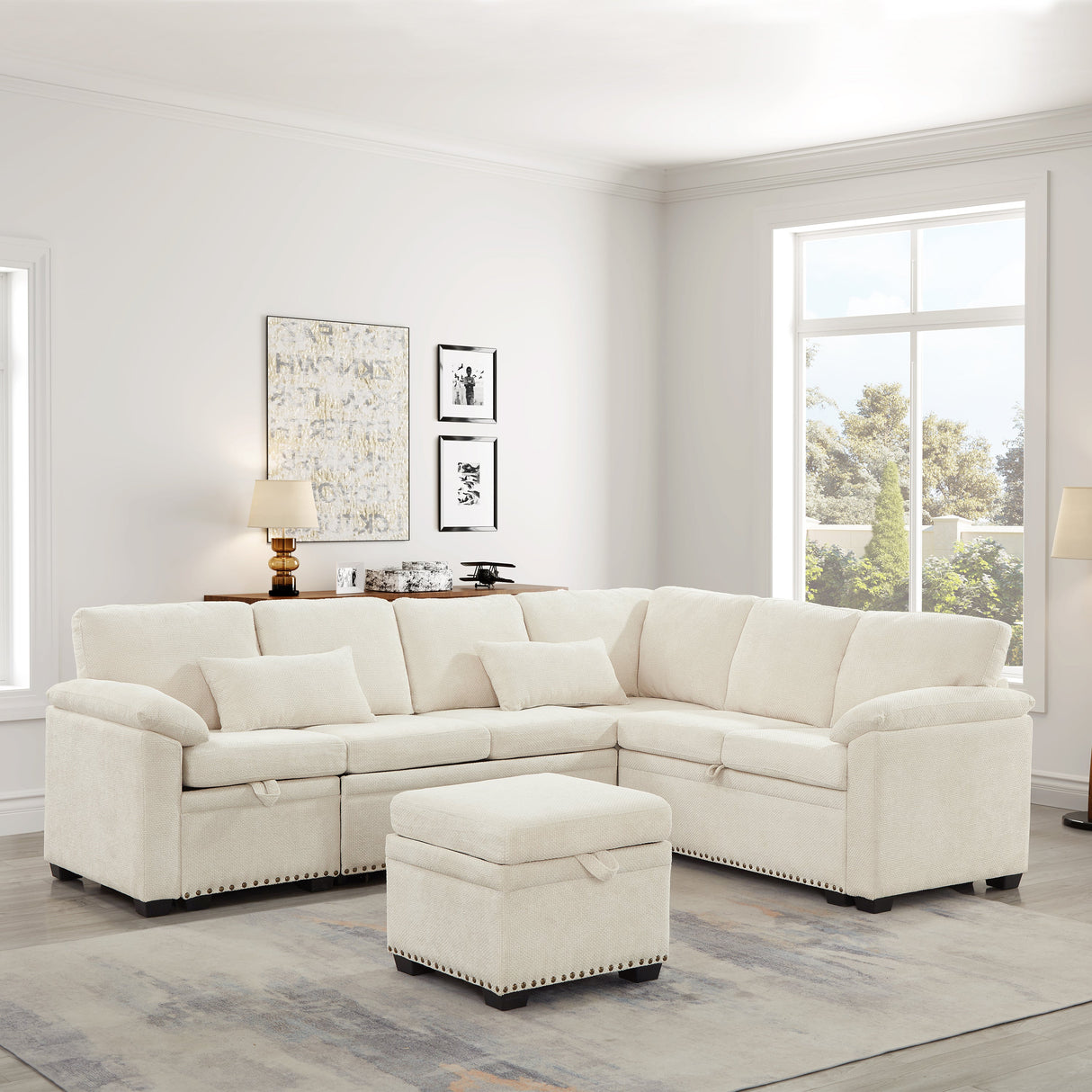 97 Inch L-Shaped Corner Sectional Sofa Couch with Seat and Storage Ottoman,Chenille Fabric Corner Couch with 7 Seats & 2 Pillows for Living Room, Beige - sold by Home Elegance USA