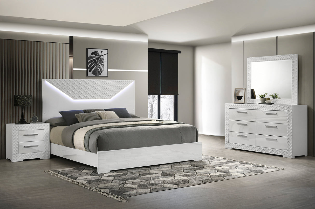 Blanca Modern Style 4 Pc Queen Bedroom Set with LED Headboard Made with Wood in White