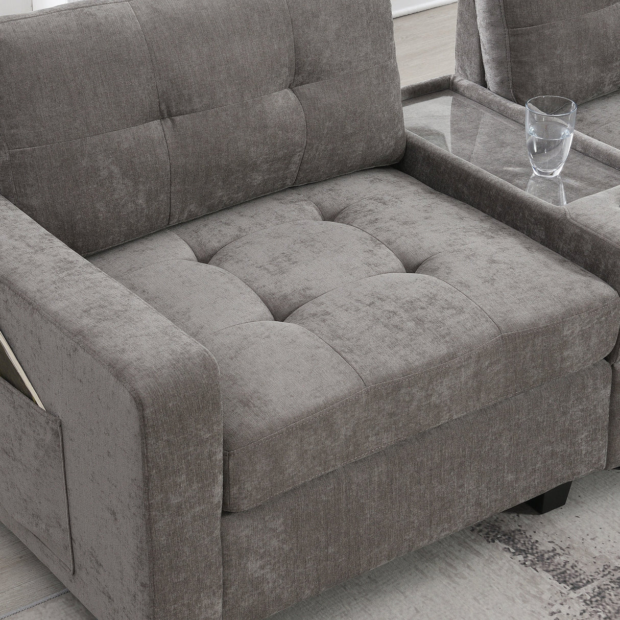 Modern Chenille U-Shaped Sectional Sofa with Acrylic Table Top, USB Charger, Storage Drawers, and Movable Ottoman in Gray - sold by Home Elegance USA