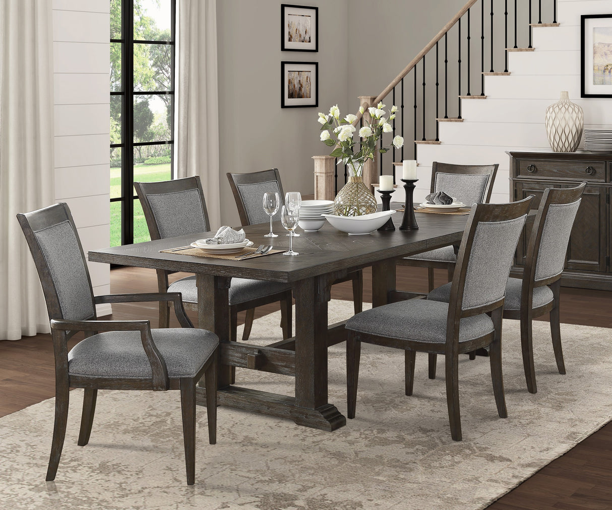 Classic Dining Furniture 7pc Set Extendable Dining Table with 2 Armchairs 4 Side Chairs Driftwood Brown Finish Durable Wooden
