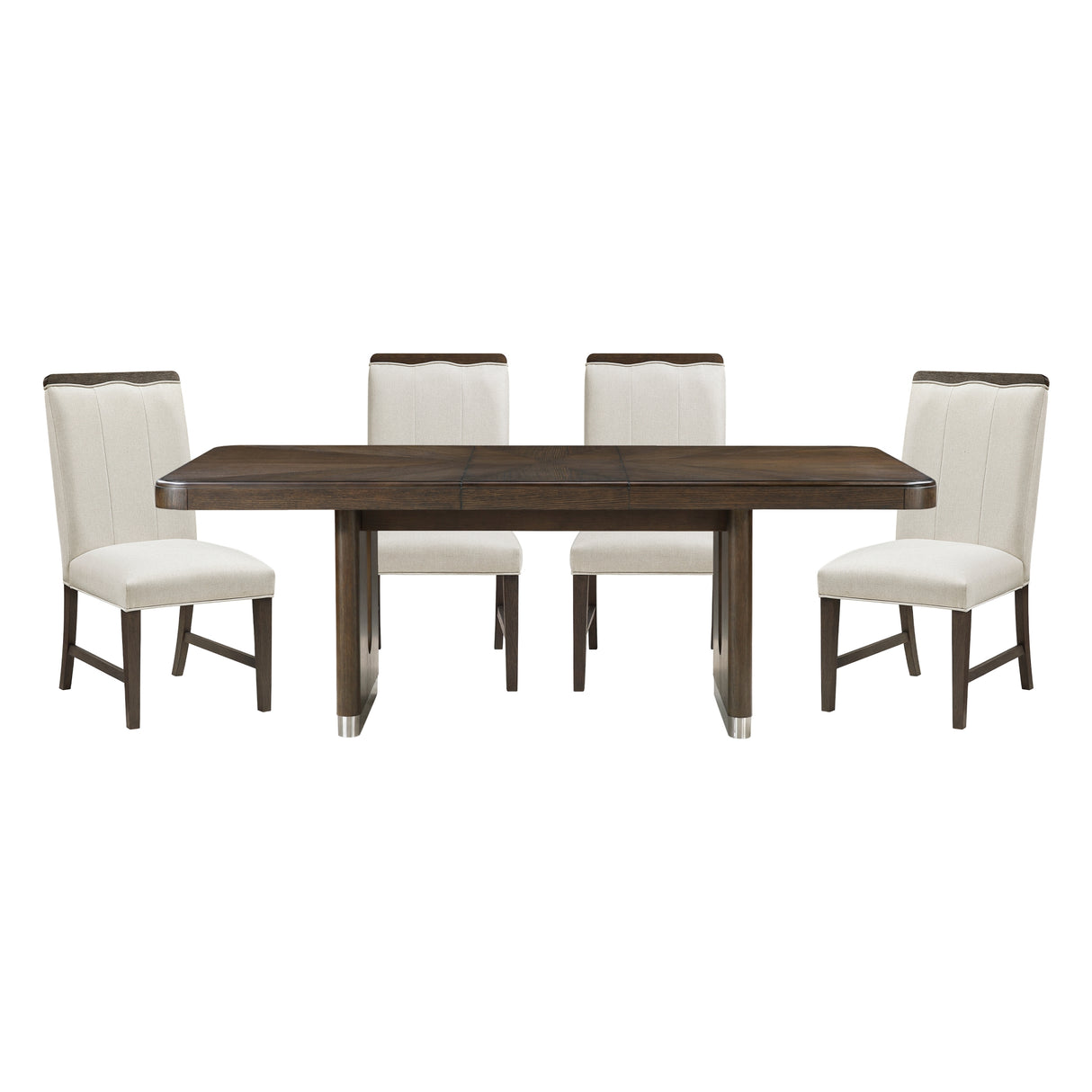 Juego de comedor moderno con acabado marrón, mesa extensible de 5 piezas con 4 sillas laterales, tapizado en beige, base de mesa auxiliar metálica duradera y cómoda, muebles de madera.