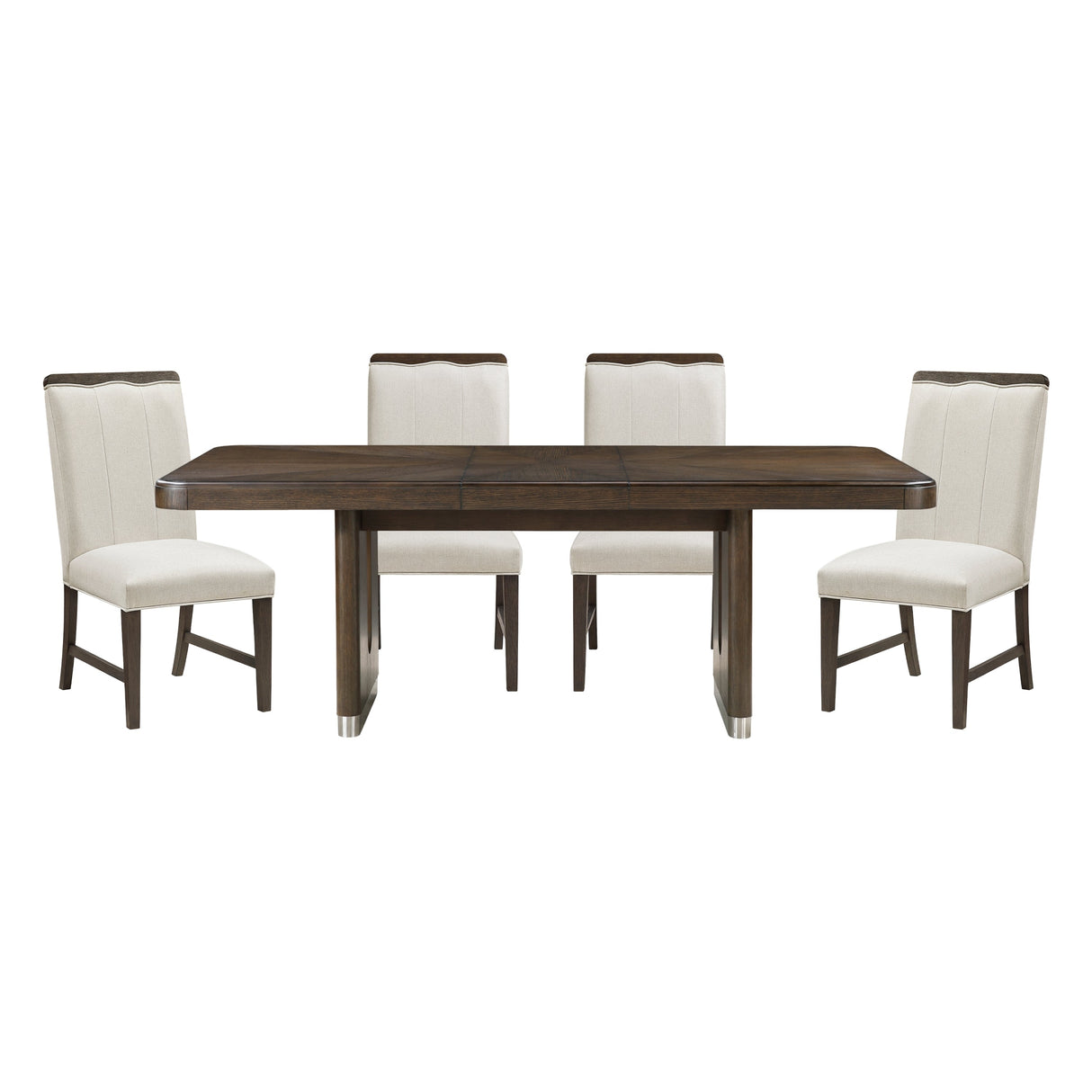 Modern Brown Finish Dining Set 5pcs Extendable Table with 4x Side Chairs Beige Upholstered Comfort Durable Metallic Accent Table Base Wooden Furniture - sold by Home Elegance USA