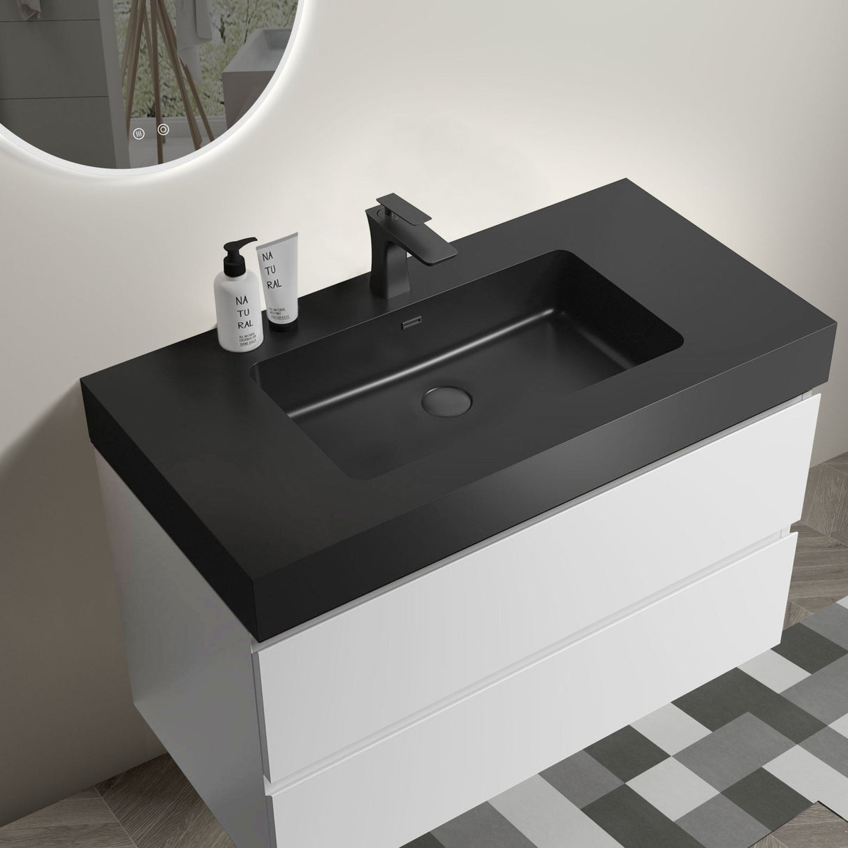 Alice 36" White Bathroom Vanity with Sink, Large Storage Wall Mounted Floating Bathroom Vanity for Modern Bathroom, One - Piece Black Sink Basin without Drain and Faucet | Home Elegance USA