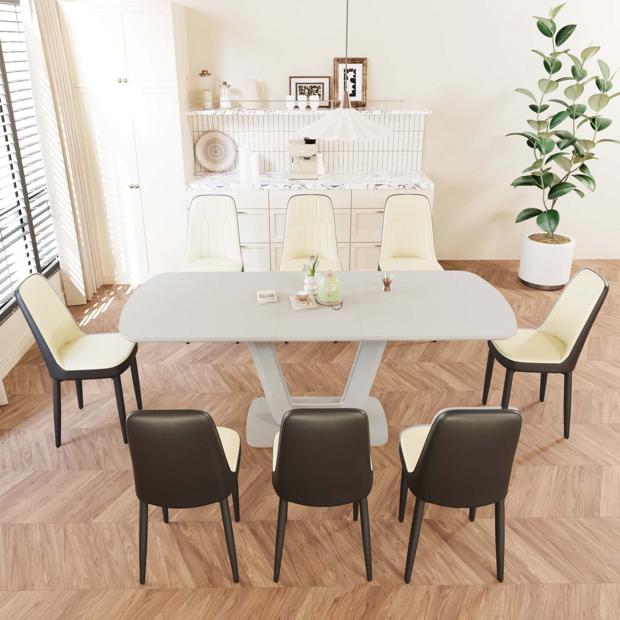 62.99-78.74' expandable dining table set for 2-8 people, equipped with 8 PU fabric thick padded dining chairs and an spacious dining table, kitchen table and chairs, with U-shaped table legs