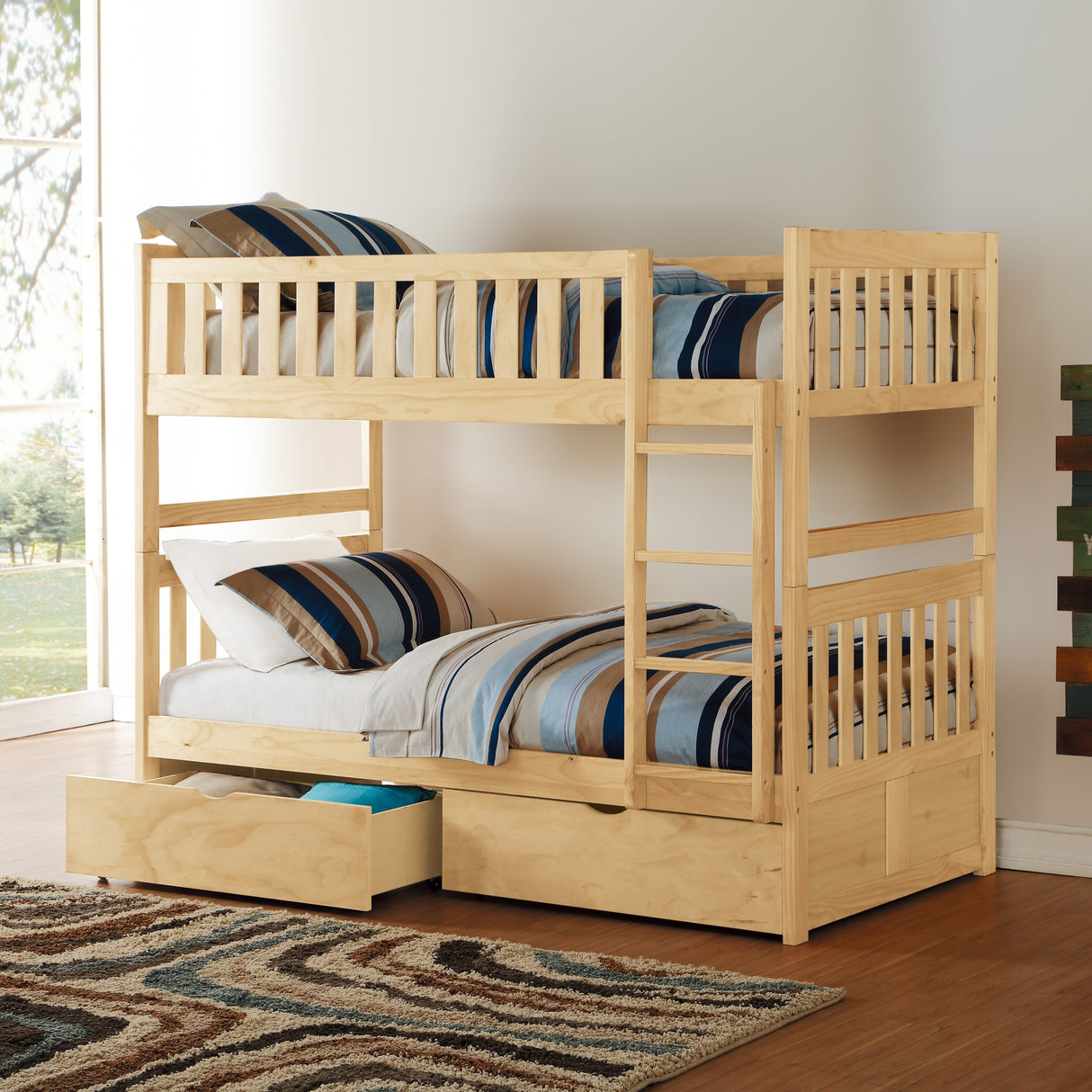 Twin Over Twin Bunk Bed with Storage Boxes Natural Pine Finish Sturdy Ladder Wooden Transitional Bedroom Furniture 1pc Children Bed