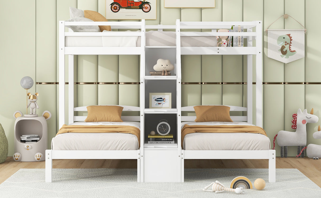 Twin over Twin & Twin Bunk Bed with Built-in Staircase and Storage Drawer,White - sold by Home Elegance USA
