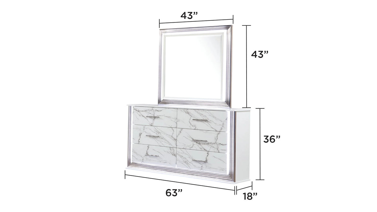 Desire Queen 5-Piece Bedroom Set – LED Upholstered Bed with Footboard Storage, Dresser, Mirror, Nightstand, and Chest in White & Marble Finish with Metallic Accents(CA INVENTORY) - sold by Home Elegance USA