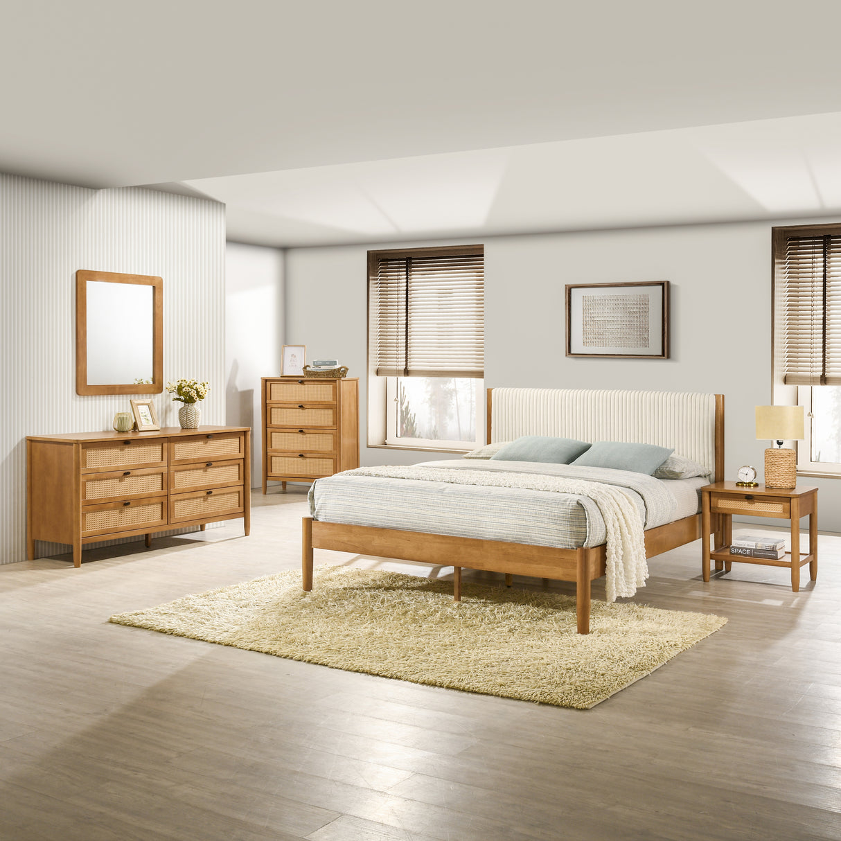 Vichy 5-Piece Rubberwood Bedroom Set with Corduroy Upholstered Queen Bed, Dresser, Mirror, Nightstand, and Chest