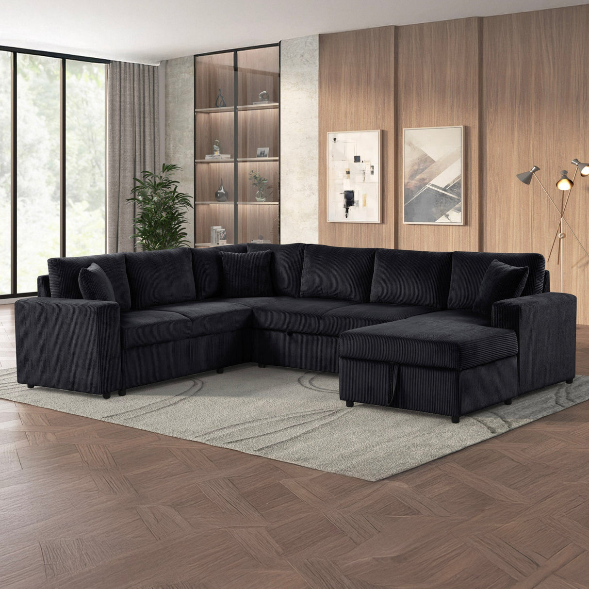 Ruxley 123'W Black Corduroy Sleeper Sectional Sofa with Right-Facing Storage Chaise and Throw Pillows - sold by Home Elegance USA