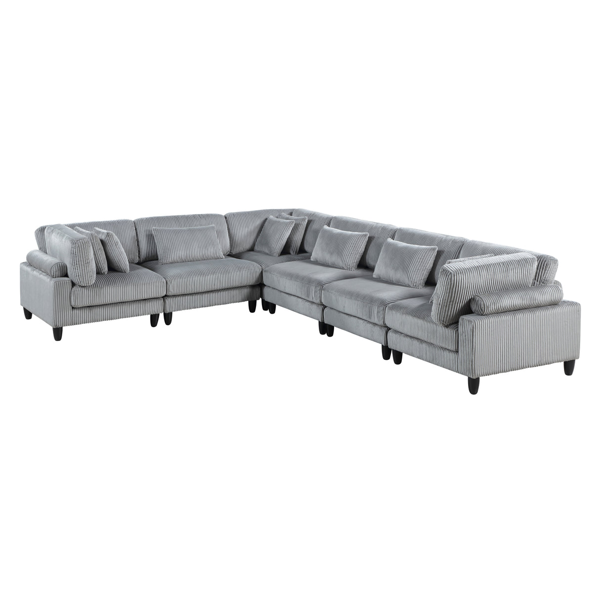 6pc Modular Sectional Set Gray Corduroy Upholstery 3x Armless Chairs 3x Corner Seats Soft Pillows Living Room Furniture