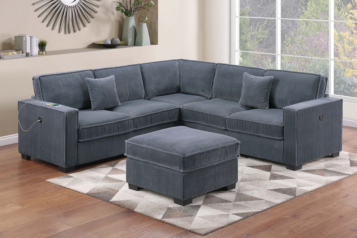 Contemporary Style 4pc Sectional Set Loveseat USB Port Cocktail Ottoman Corner Wedge Plastic Legs Corduroy Upholstered Dark Gray Finish Primary Living Room