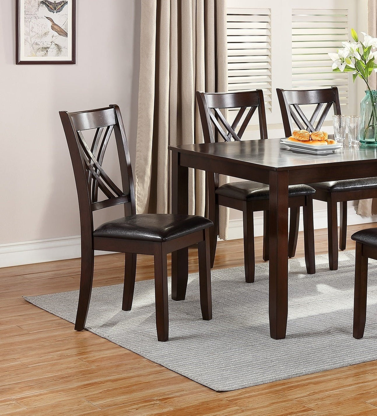 7pcs Dining Set Dining Table 6 Side Chairs Clean Espresso Finish Cushion Seats X Design back Chairs | Home Elegance USA