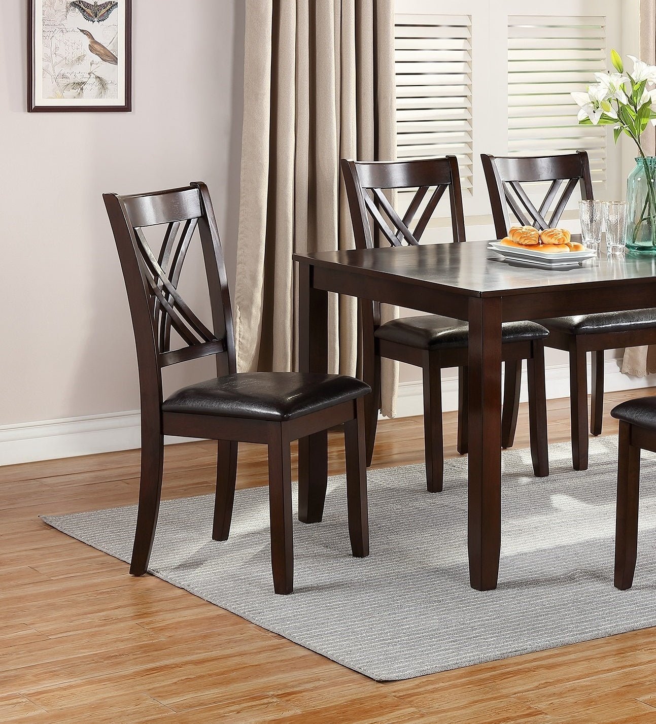 7pcs Dining Set Dining Table 6 Side Chairs Clean Espresso Finish Cushion Seats X Design back Chairs | Home Elegance USA