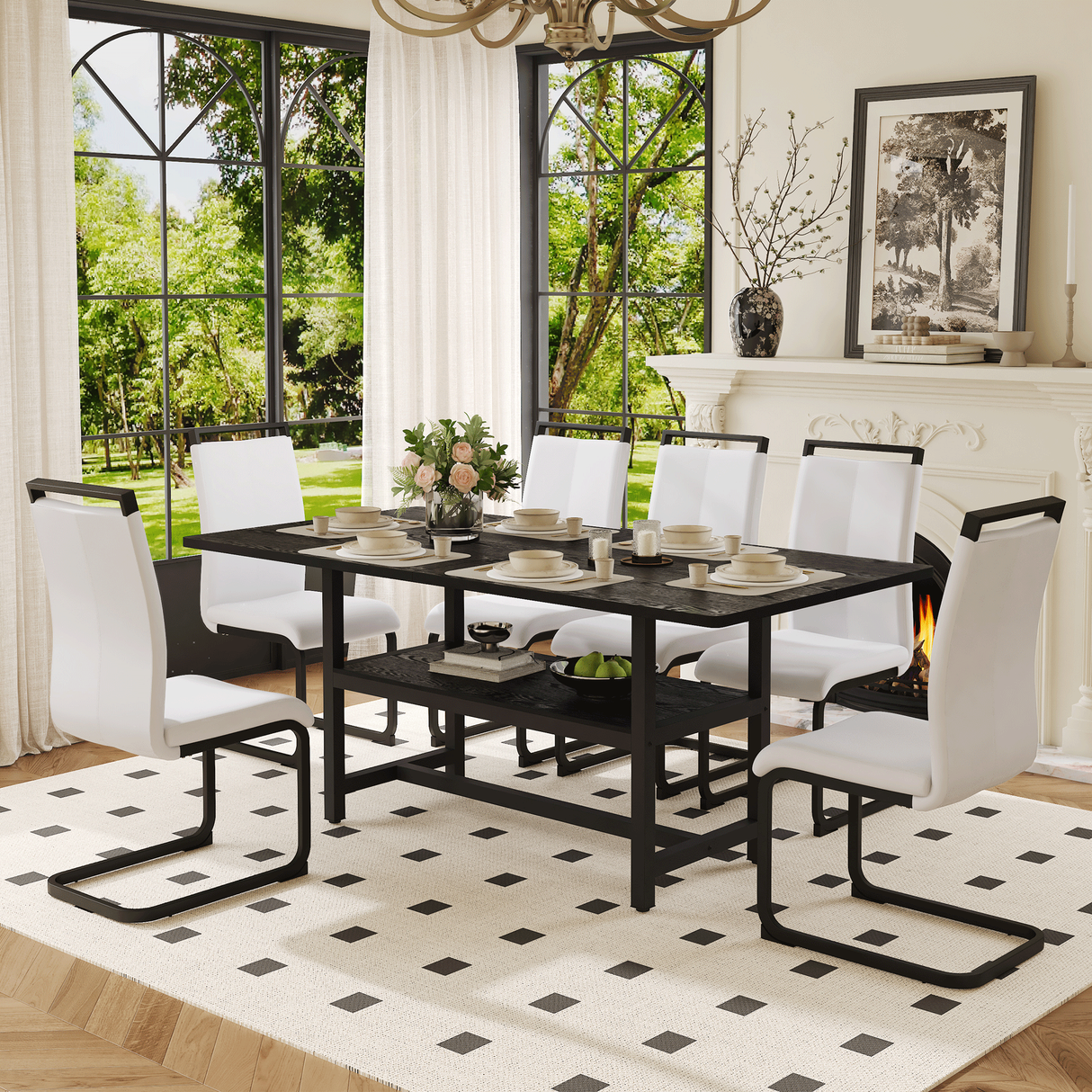 Table and chair set.71*35.4 inch Black Grain Spliced Dining Table With Storage Function In The Middle Of The Table Legs.Paired with 6 White PU Chairs With C-tube Black Metal Chair Legs.
