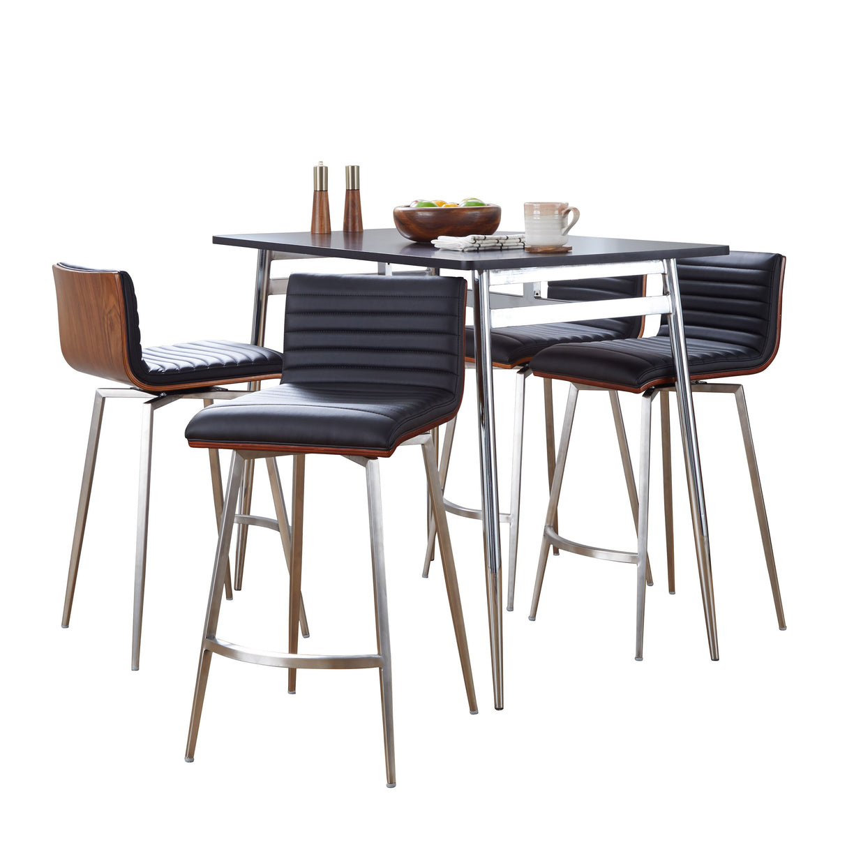 Marcel-Mason Swivel Contemporary Counter Height Dining Set in Chrome Metal with Black Wood Tabletop and Stainless Steel, Walnut Wood with Black Faux Leather by LumiSource - 5 Piece