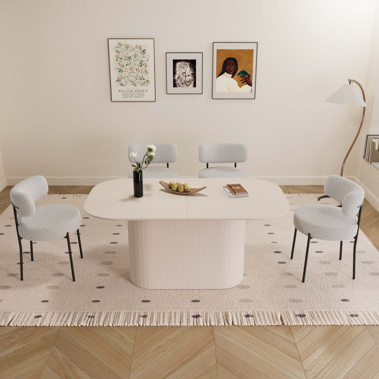 Mesa de comedor de MDF de 16 m, estilo medieval moderno color crema, y 4 juegos de sillas circulares sin brazos con cojines. Conjunto de mesa y sillas de comedor con patas de metal negro, ideal para el hogar y la cocina.