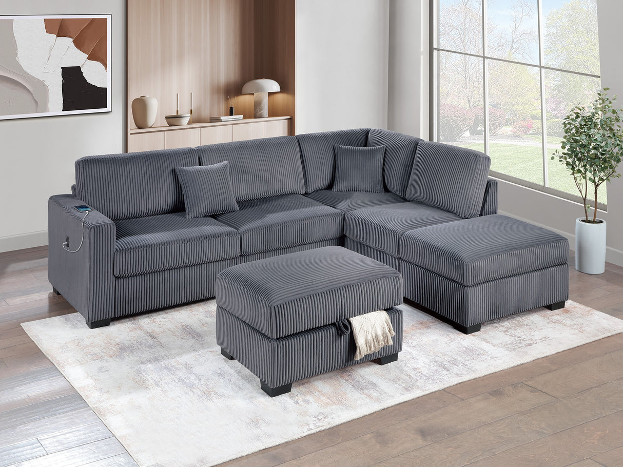 Dark Gray Wide Welt Corduroy Sectional Sofa Reversible Chaise Sofa w USB Storage Ottoman Upholstered Couch Pillows 3pc Set