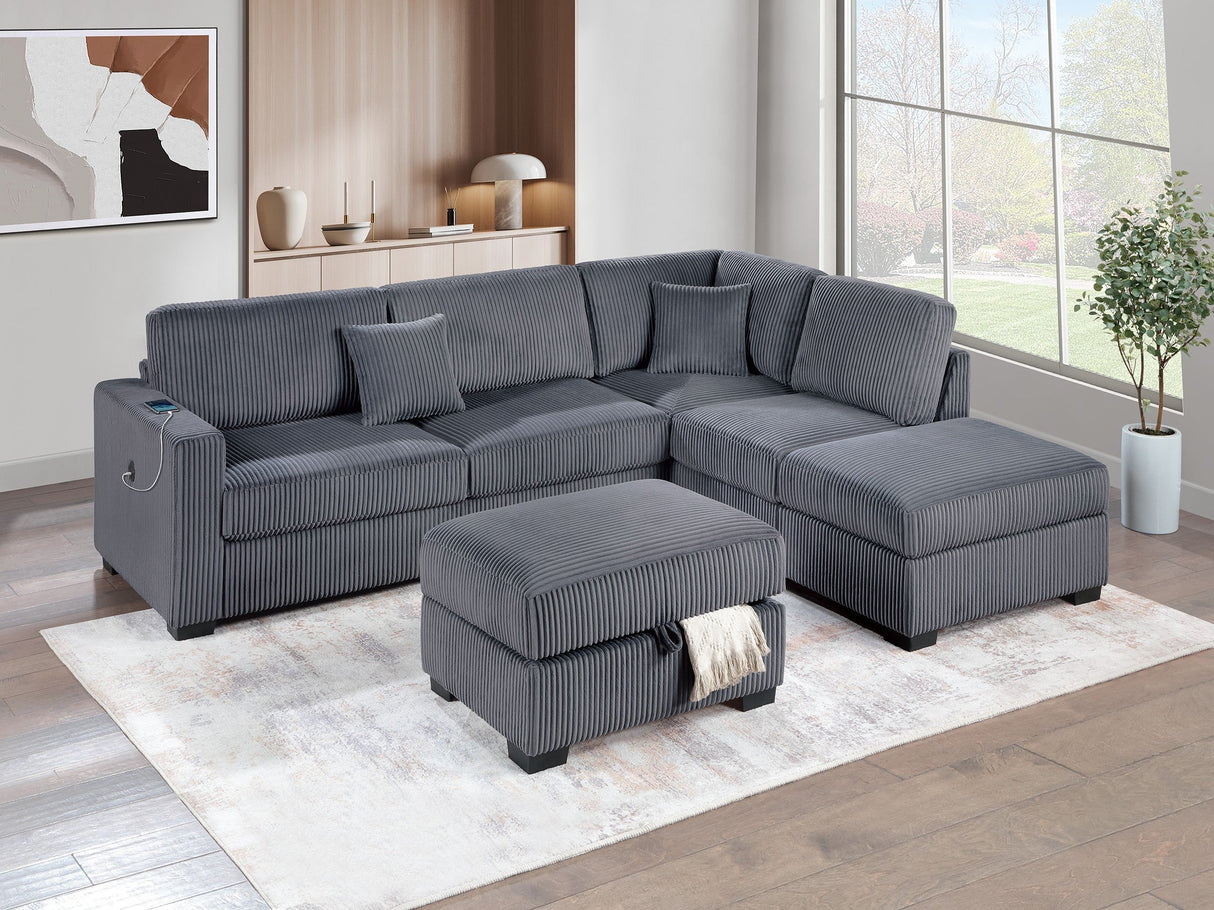 Dark Gray Wide Welt Corduroy Sectional Sofa Reversible Chaise Sofa w USB Storage Ottoman Upholstered Couch Pillows 3pc Set - sold by Home Elegance USA