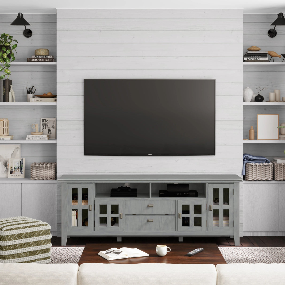 Artisan 72 inch Wide Solid Wood TV Stand in Fog Grey For TVs up to 80 inches - sold by Home Elegance USA